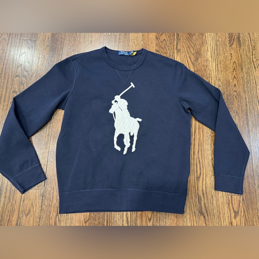 Polo Ralph Lauren BIG PONY Chenille  Embroidered Double Knit Sweatshirt M Blue